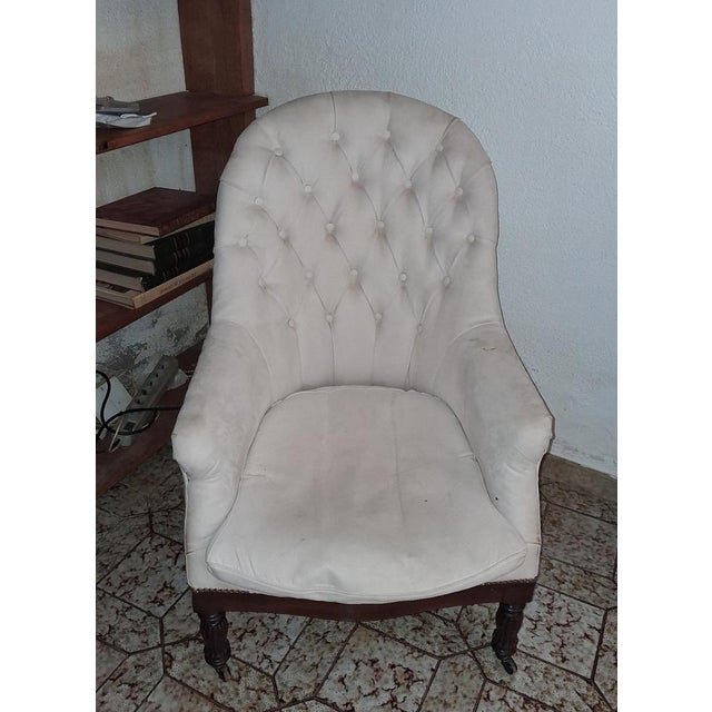 Napoleon III Cabriolet Armchair in Mahogany and Buttoned Fabric, 1800s For Sale - Image 5 of 6