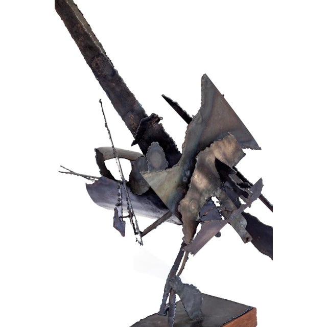 Ebony Mid 20th Century Wendell Cullen Hudiburg Brutalist Sculpture, Metal With Wood Base For Sale - Image 8 of 12