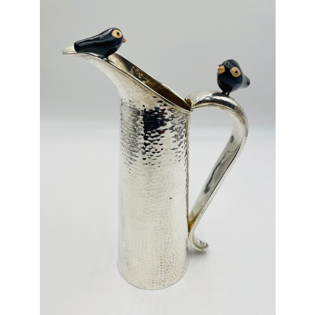 Contemporary 1980s Rare Emilia Castillo Silver-Plated Pitcher With Onyx & Jasper Birds For Sale - Image 3 of 18