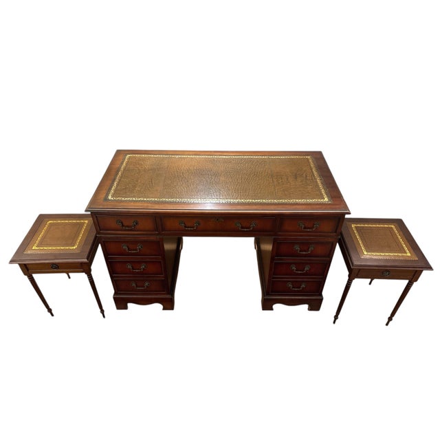 Vintage English Pedestal Desk with Side Tables, Set of 3 For Sale - Image 3 of 6