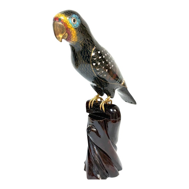 Chinese Cloisonné Parrot on Carved Hardwood Tree Trunk Base Chinese, Circa 1960 For Sale
