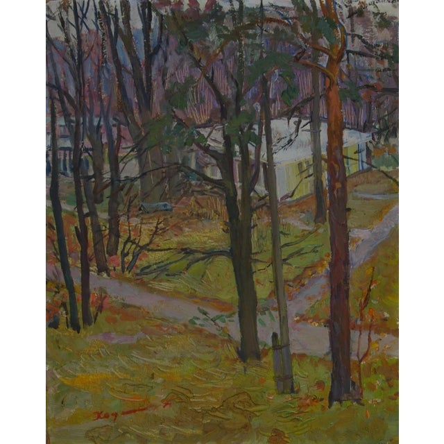 Antique Impressionism Autumn Landscape Oil Painting on Cardboard 62-50 For Sale