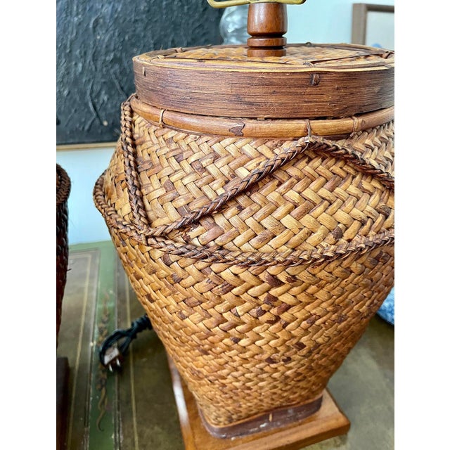 1950s Pair of Mid Century Southeast Asian Woven Split Bamboo Table Lamp For Sale - Image 4 of 10