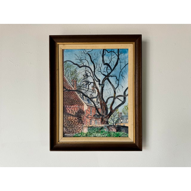 1980's Edwina Z. Worsley Historic Brick Architecture and Winter Tree Landscape Oil Sold For Sale - Image 10 of 11