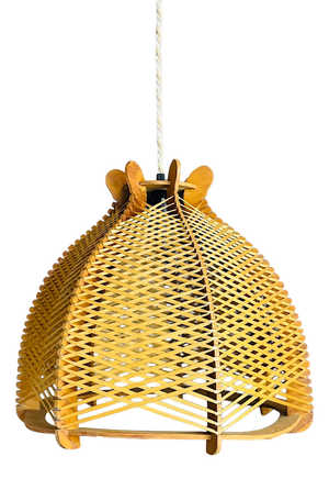 Large Portuguese Rustic Wood and Rattan Hanging Lamp, 1960s