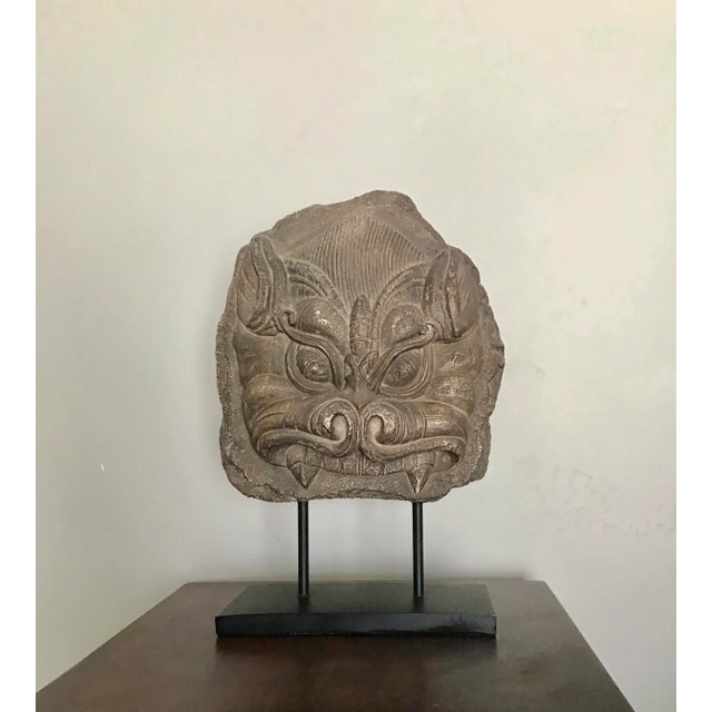 Asian Spirit Mask on Black Wooden Stand For Sale - Image 4 of 4