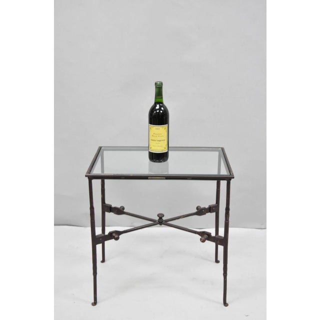 Contemporary Industrial Modern Giacometti Style Wrought Iron Glass Top Side Table by Pottery Barn. Circa Late 20th...