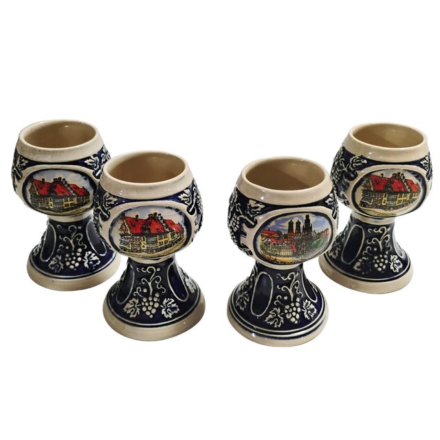 Exceptional vintage set of four (4) German ceramic wine chalices crafted in West Germany by Simon Peter Gerz (Gerzit)....