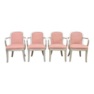 Late 20th Century Set of Four Ss Normandie–Style Dining Armchairs — Silver-Painted Art Deco Chairs With Blush Upholstery For Sale