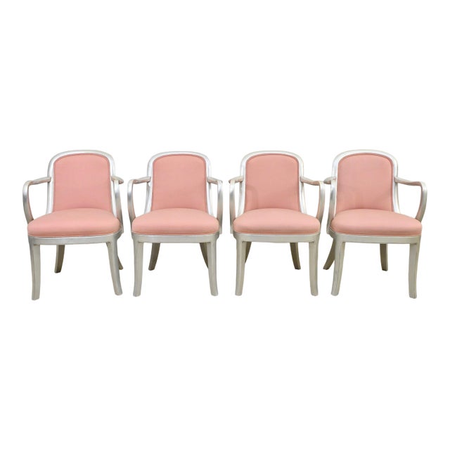 Late 20th Century Set of Four Ss Normandie–Style Dining Armchairs — Silver-Painted Art Deco Chairs With Blush Upholstery For Sale