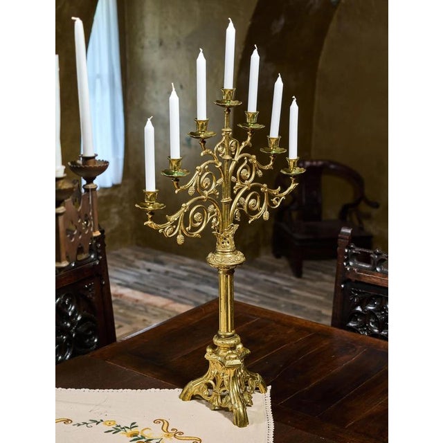 2000 - 2009 19th Century Neo-Gothic Brass Candlesticks, Set of 2 For Sale - Image 5 of 12