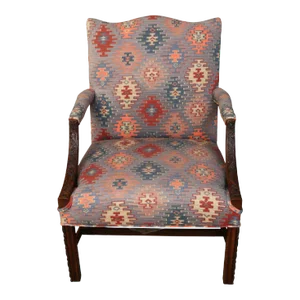 Vintage Carved Mahogany Library Chair in Ikat Kilim Fabric