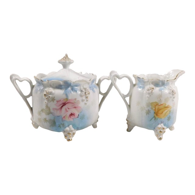 1920s Reinhold Schlegelmilch Rs Prussia Sugar and Creamer Set With Heart Shaped Handles For Sale