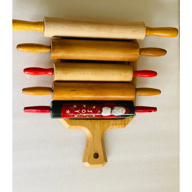 Vintage set of 5 kitchen maple wood rolling pins with heavy maple wood cutting board.