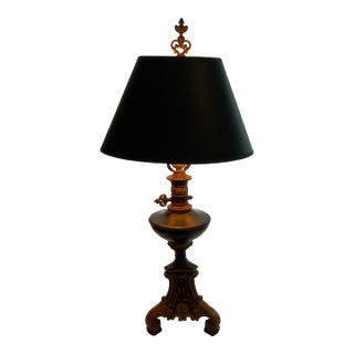 Early 20th Century Handpainted With Marbelizing Mental Lamp in Green, Black and Gold With Black Paper Shade. 28” Over-All Hight. For Sale
