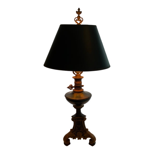 Early 20th Century Handpainted With Marbelizing Mental Lamp in Green, Black and Gold With Black Paper Shade. 28” Over-All Hight. For Sale