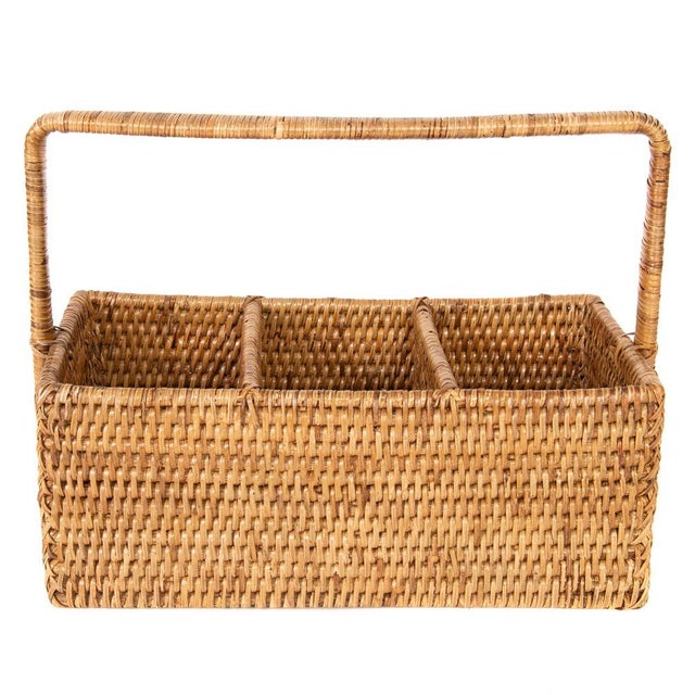 Artifacts Rattan 3 Section Cutlery Caddy with Handle in Honey Brown For Sale - Image 4 of 9