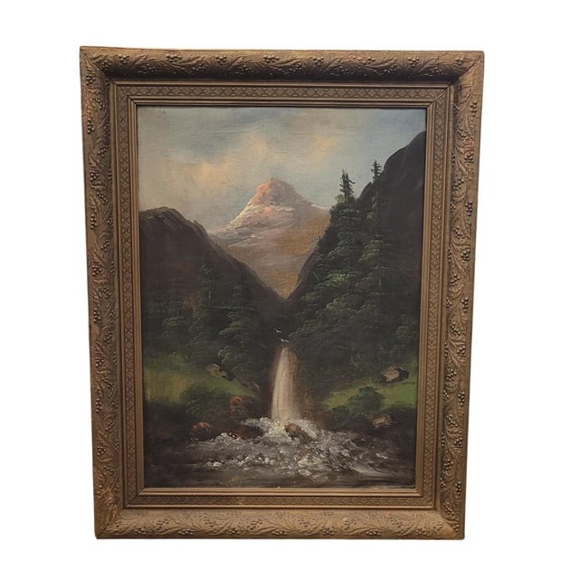 Forest Green Antique Oil Painting of a Mountain Scape For Sale - Image 8 of 8