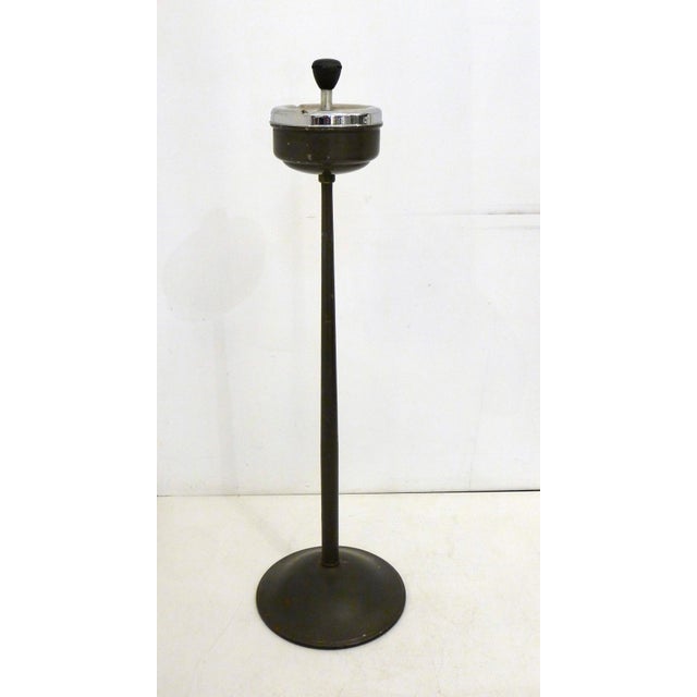 Mid-century metal standing ashtray: round, weighted dome base & straight (slightly tapered) tubular stem in anthracite...