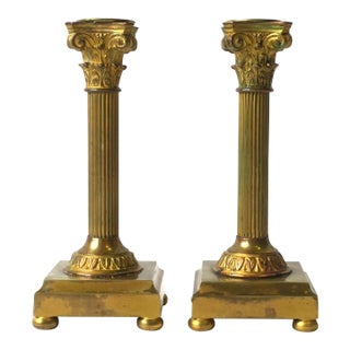 French Neoclassical Bronze Corithian Column Pillar Candlesticks Holders, Pair For Sale