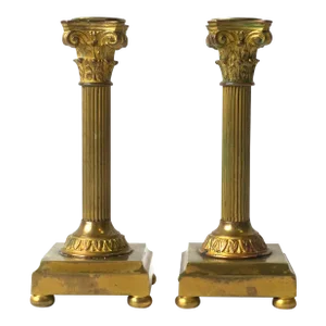 French Neoclassical Bronze Corithian Column Pillar Candlesticks Holders, Pair