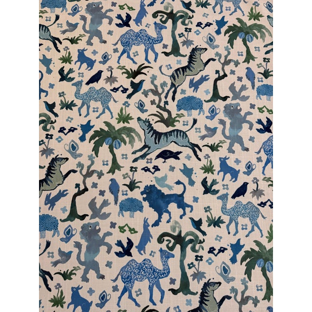 Traditional Schumacher Beasts Indoor/Outdoor Blue and Green Fabric 5 7/8 Yards For Sale - Image 3 of 5