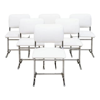 Vintage Italian Chrome-Plated Metal Chairs with White Leather Seats, 1970s, Set of 6 For Sale