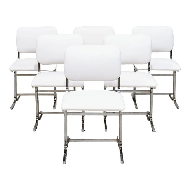 Vintage Italian Chrome-Plated Metal Chairs with White Leather Seats, 1970s, Set of 6 For Sale