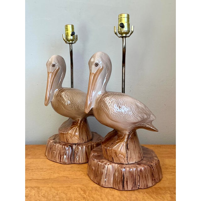 Hollywood Regency Vintage Glazed Ceramic Pelican Lamps - A Pair For Sale - Image 3 of 12