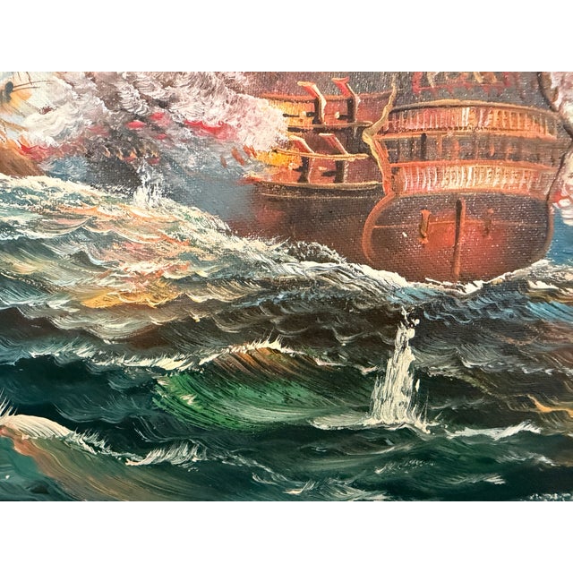Original Marine Naval Battle Oil Painting Sailing Ships Seascape Framed, Signed For Sale - Image 4 of 11