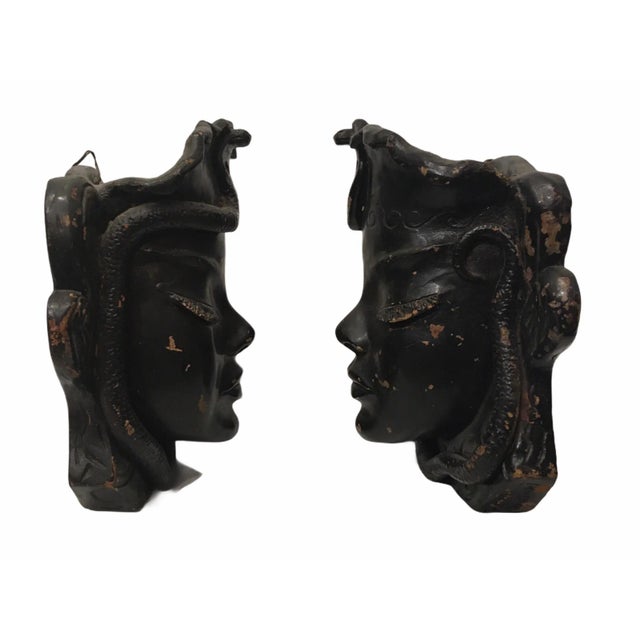 Antique 1920s Art Deco Egyptian Revival Black Clay Wall Hangings - a Pair Mask Wall Pockets For Sale - Image 9 of 13