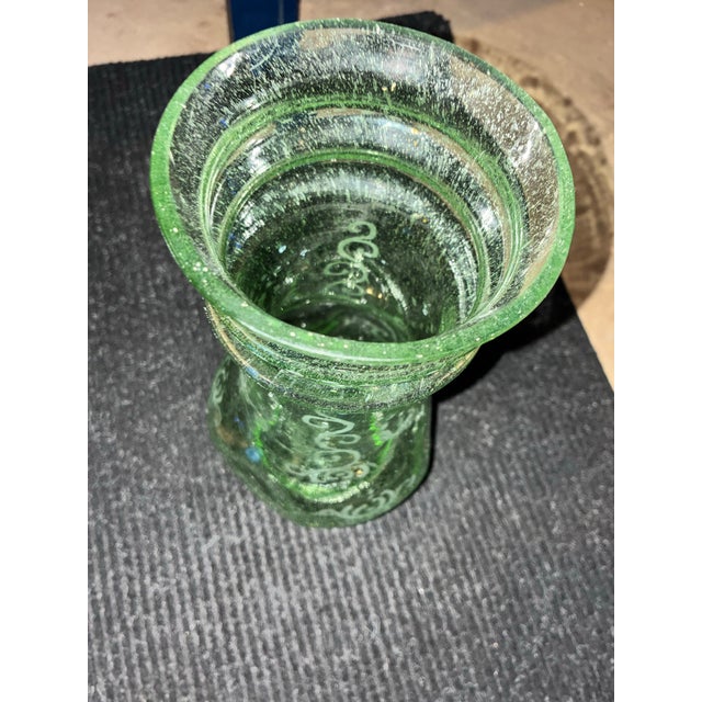 Mid 20th Century Verrerie De Biot Vintage Hand-Blown Biot France Seeded Bubble Glass Vase With Etched Ship For Sale - Image 5 of 10