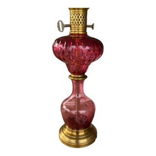 Vintage Cranberry Cut Glass Table Lamp With Brass Hardware For Sale