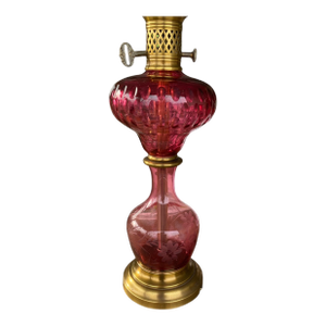 Vintage Cranberry Cut Glass Table Lamp With Brass Hardware
