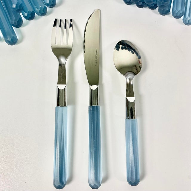 Metal 1980s Vintage Boho Chic French Blue Lucite Flatware With 18/10 Stainless Steel - Set of 33. For Sale - Image 7 of 8