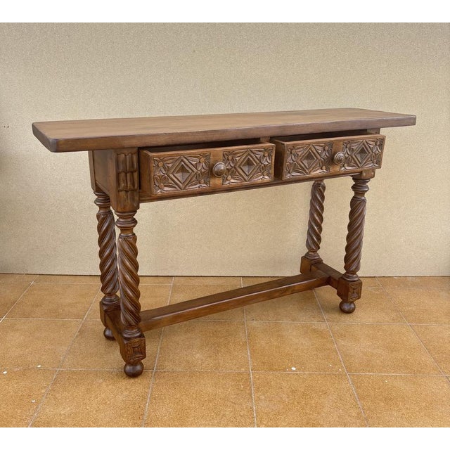Spanish Carved Console Table with Barley Twist Legs and Drawers, 1930s For Sale - Image 10 of 13