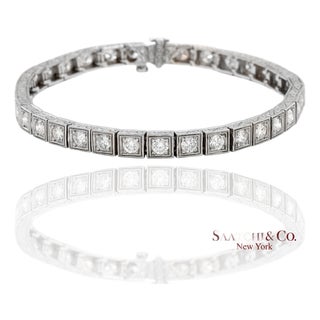 Vintage 18k 750 White Gold Natural Diamond Engraved & Milgrain Tennis Bracelet For Sale