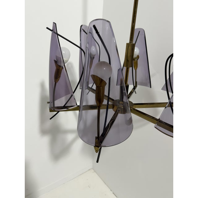 1960s Brass and Purple Acrylic Glass Chandelier in the style of Stilux Milano, 1960s For Sale - Image 5 of 14