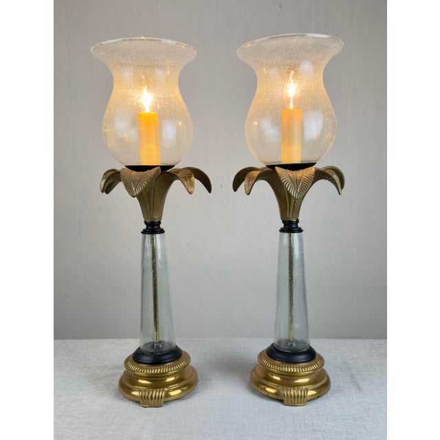 Vintage Hollywood Regency Coastal Brass Palm Hurricane Shade Frederick Cooper Style Table Lamps - a Pair For Sale - Image 11 of 11