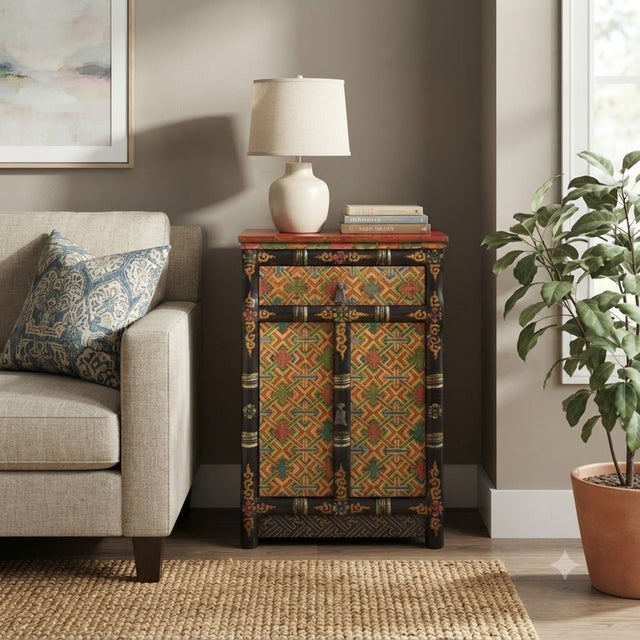 Tibetan Style Geometric Graphic Brown Golden Yellow End Table Nightstand For Sale In San Francisco - Image 6 of 10