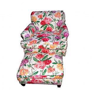 Floral Lounge Armchair with Ottoman For Sale