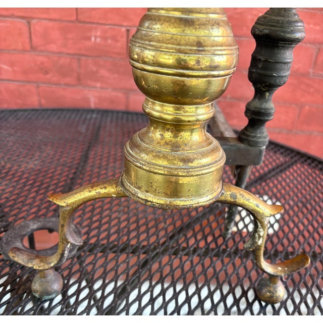 Antique Brass and Iron Fireplace Andirons - Pair For Sale In Kansas City - Image 6 of 8
