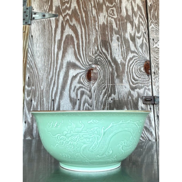 Chinoiserie Vintage Asian Dragon Relief Celadon Bowl For Sale - Image 3 of 10