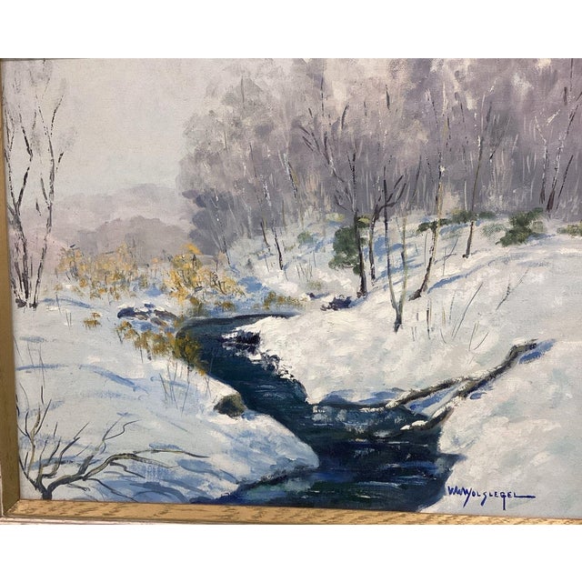 Walter Wohlschlegel Signed Modern Art Fauve Oil Painting, "Brook in Winter" Signed and Dated 1965 in Blue, White and Lavender For Sale - Image 12 of 13