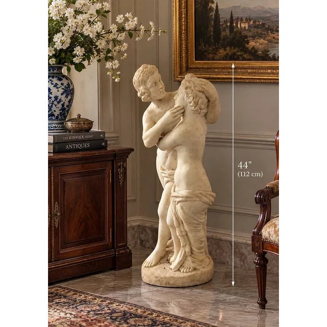 Impressive Italian large-scale classical carved marble figural sculpture depicting an embracing male and female couple in...
