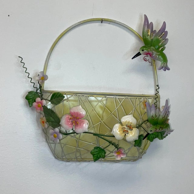 Mid 20th Century Italian Tole Wall Pocket-Basket With Hummingbirds. For Sale - Image 6 of 12