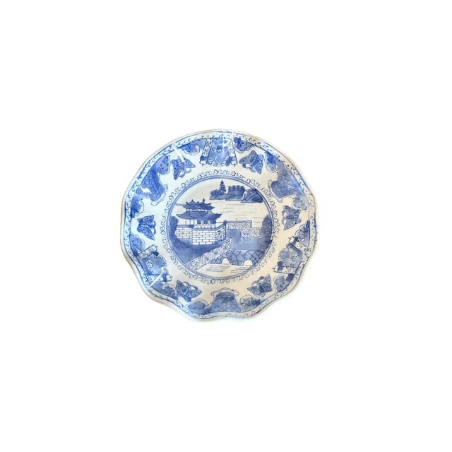 Beautiful Vintage Hand-Painted Blue and White Chinoiserie Ruffle Bowl With Island Pagoda Scene. This delicate bowl with a...
