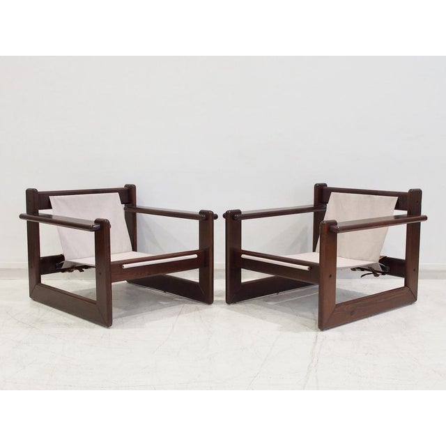 Mid-Century Modern Set of Midcentury Brazilian Walnut and Canvas Armchairs, 1960s For Sale - Image 3 of 18