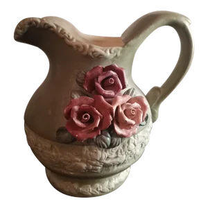 Vintage Studio Art Pottery Ceramic Pitcher With Applied Florals