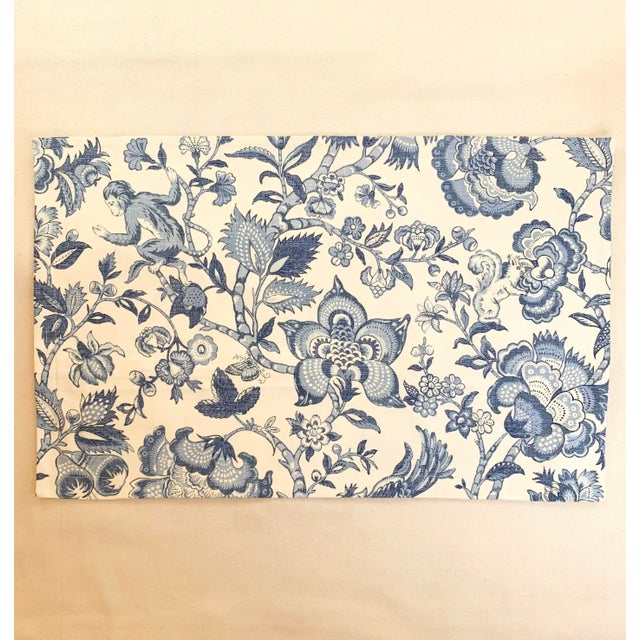 English Covington 5th Avenue Designs Blue Cream Botanical Floral Monkey Squirrel Toile Pillow Cover For Sale - Image 3 of 5